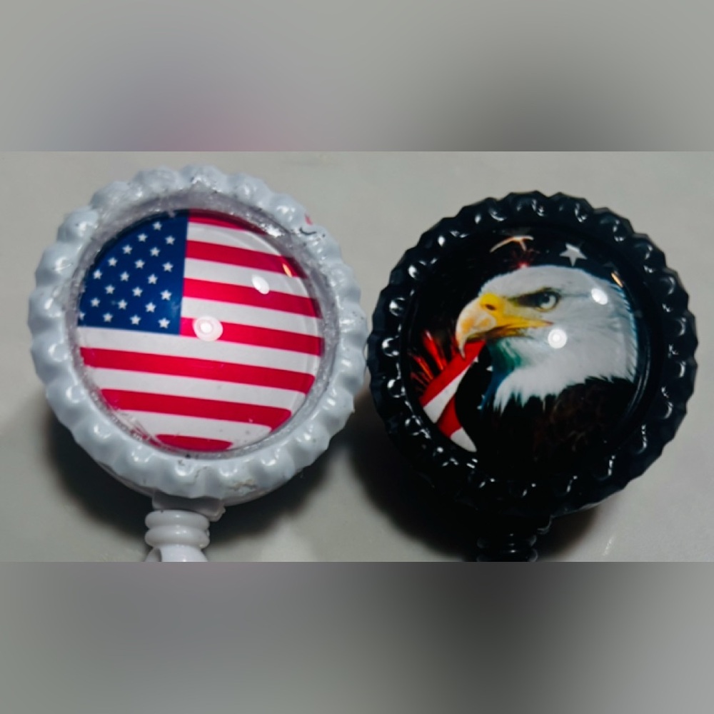 2 USA Red White Blue American Patriotic Flag + Eagle Nurse ID Holder Badge Reel